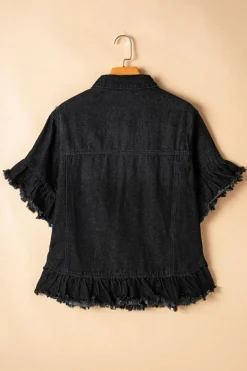 Sale Dear-Lover Raw Edge Ruffled Short Sleeve Denim Jacket Black