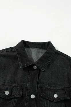 Sale Dear-Lover Raw Edge Ruffled Short Sleeve Denim Jacket Black
