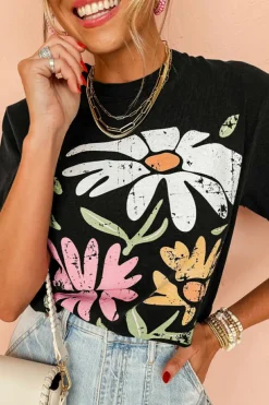 Outlet Dear-Lover Retro Floral Print Crew Neck Casual T Shirt Black