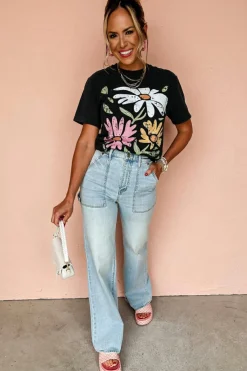 Outlet Dear-Lover Retro Floral Print Crew Neck Casual T Shirt Black