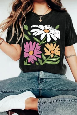 Outlet Dear-Lover Retro Floral Print Crew Neck Casual T Shirt Black