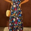 Outlet Dear-Lover Retro Floral Printed Split Neck Maxi Dress Black
