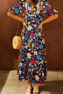 Outlet Dear-Lover Retro Floral Printed Split Neck Maxi Dress Black