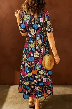 Outlet Dear-Lover Retro Floral Printed Split Neck Maxi Dress Black