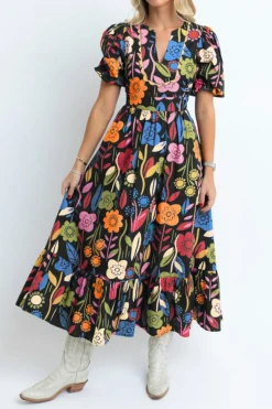 Outlet Dear-Lover Retro Floral Printed Split Neck Maxi Dress Black