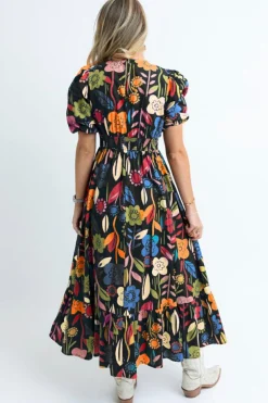 Outlet Dear-Lover Retro Floral Printed Split Neck Maxi Dress Black