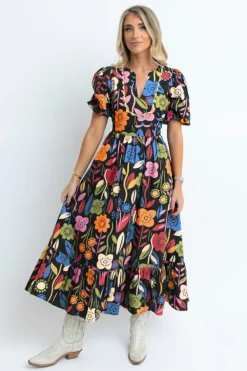 Outlet Dear-Lover Retro Floral Printed Split Neck Maxi Dress Black