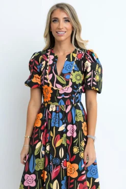 Outlet Dear-Lover Retro Floral Printed Split Neck Maxi Dress Black