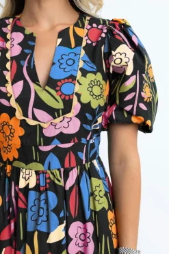 Outlet Dear-Lover Retro Floral Printed Split Neck Maxi Dress Black
