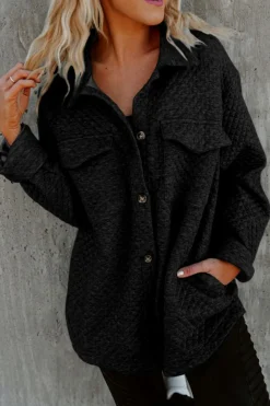 Best Dear-Lover Retro Quilted Flap Pocket Button Shacket Black