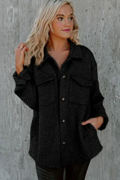 Best Dear-Lover Retro Quilted Flap Pocket Button Shacket Black