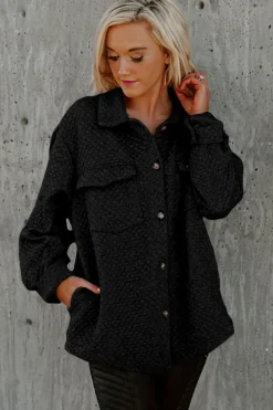Best Dear-Lover Retro Quilted Flap Pocket Button Shacket Black