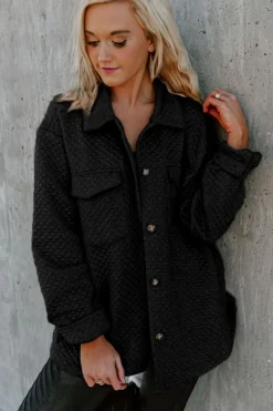 Best Dear-Lover Retro Quilted Flap Pocket Button Shacket Black