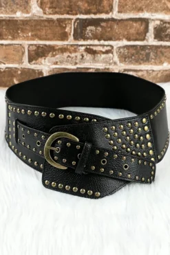 Best Dear-Lover Retro Rivet Studded PU Leather Wide Waist Belt Black
