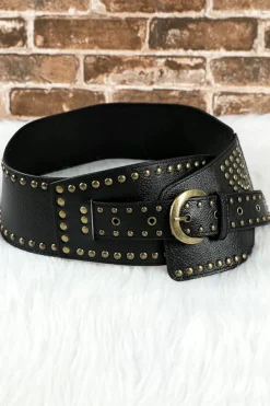Best Dear-Lover Retro Rivet Studded PU Leather Wide Waist Belt Black