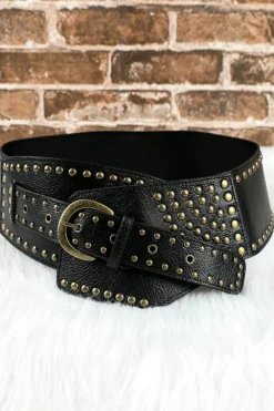 Best Dear-Lover Retro Rivet Studded PU Leather Wide Waist Belt Black