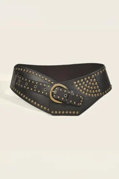 Best Dear-Lover Retro Rivet Studded PU Leather Wide Waist Belt Black