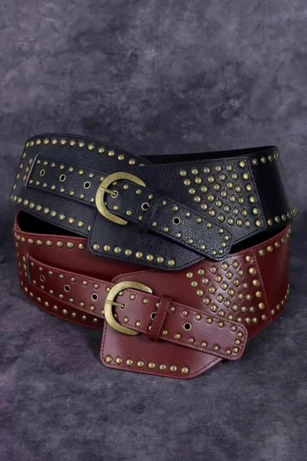 Best Dear-Lover Retro Rivet Studded PU Leather Wide Waist Belt Black