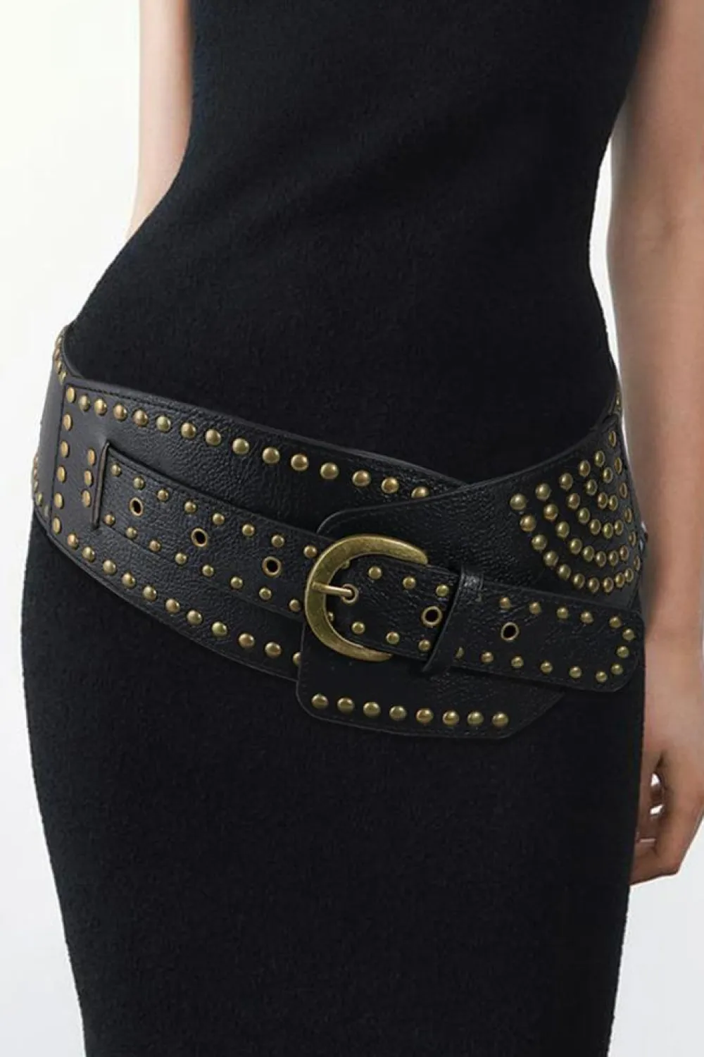 Best Dear-Lover Retro Rivet Studded PU Leather Wide Waist Belt Black