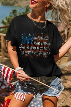 Hot Dear-Lover Rhinestone America Flag USA Graphic T Shirt Black