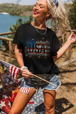 Hot Dear-Lover Rhinestone America Flag USA Graphic T Shirt Black