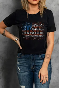Hot Dear-Lover Rhinestone America Flag USA Graphic T Shirt Black