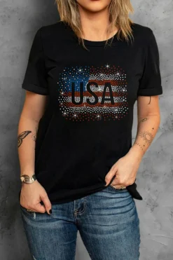 Hot Dear-Lover Rhinestone America Flag USA Graphic T Shirt Black