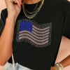 Clearance Dear-Lover Rhinestone American Flag Casual Round Neck Tee Black