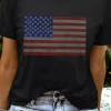 Hot Dear-Lover Rhinestone American Flag Round Neck Casual Tee Black