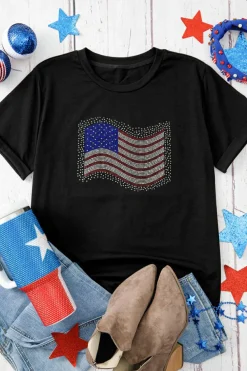 Clearance Dear-Lover Rhinestone American Flag Casual Round Neck Tee Black