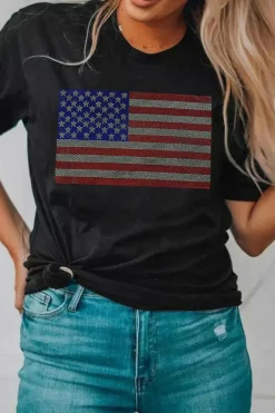 Hot Dear-Lover Rhinestone American Flag Round Neck Casual Tee Black