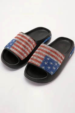 Online Dear-Lover Rhinestone American Flag Thick Sole Slippers Black
