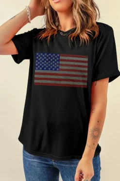 Hot Dear-Lover Rhinestone American Flag Round Neck Casual Tee Black