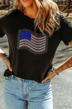 Clearance Dear-Lover Rhinestone American Flag Casual Round Neck Tee Black