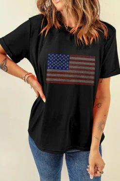 Hot Dear-Lover Rhinestone American Flag Round Neck Casual Tee Black