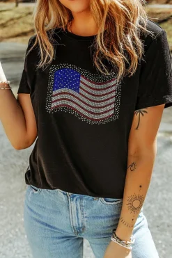Clearance Dear-Lover Rhinestone American Flag Casual Round Neck Tee Black