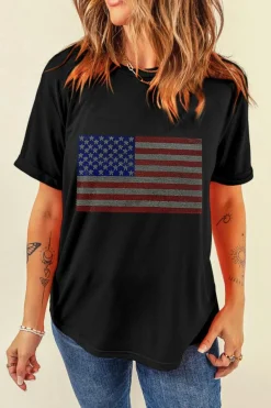 Hot Dear-Lover Rhinestone American Flag Round Neck Casual Tee Black