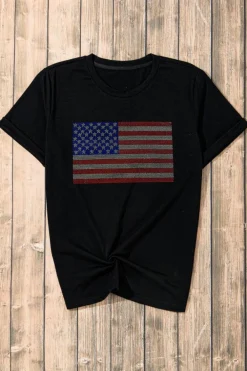 Hot Dear-Lover Rhinestone American Flag Round Neck Casual Tee Black