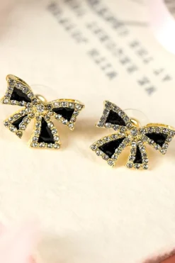 Fashion Dear-Lover Rhinestone Bow Knot Stud Earrings Black