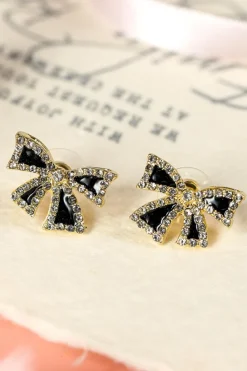 Fashion Dear-Lover Rhinestone Bow Knot Stud Earrings Black