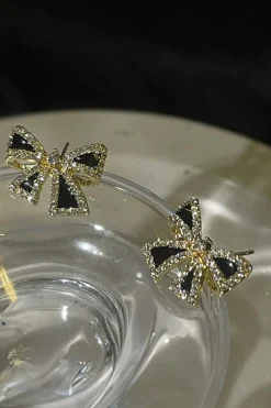 Fashion Dear-Lover Rhinestone Bow Knot Stud Earrings Black