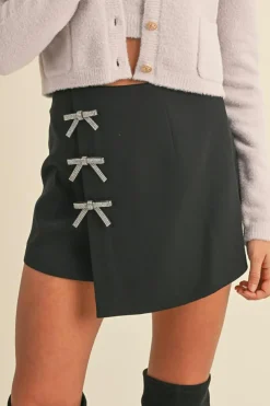 Hot Dear-Lover Rhinestone Bow Wrap High Waist Mini Skirt Black
