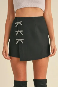 Hot Dear-Lover Rhinestone Bow Wrap High Waist Mini Skirt Black