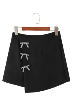 Hot Dear-Lover Rhinestone Bow Wrap High Waist Mini Skirt Black