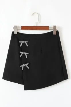Hot Dear-Lover Rhinestone Bow Wrap High Waist Mini Skirt Black