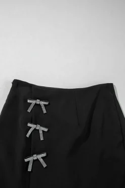 Hot Dear-Lover Rhinestone Bow Wrap High Waist Mini Skirt Black