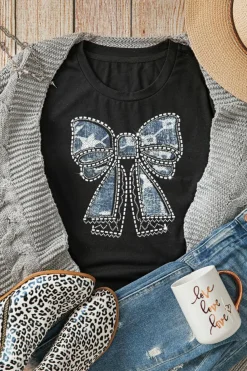 Hot Dear-Lover Rhinestone Bowknot Graphic Crewneck T Shirt Black