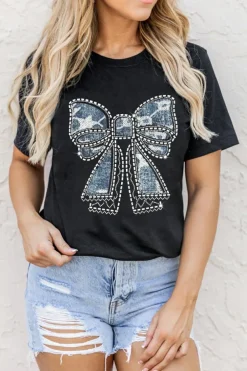 Hot Dear-Lover Rhinestone Bowknot Graphic Crewneck T Shirt Black