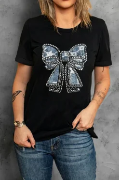Hot Dear-Lover Rhinestone Bowknot Graphic Crewneck T Shirt Black