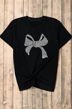 Clearance Dear-Lover Rhinestone Bowknot Graphic Crewneck T Shirt Black